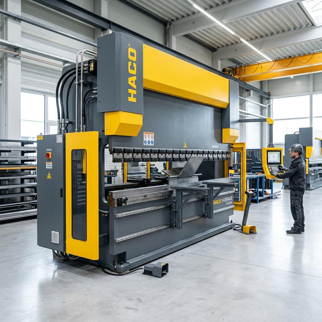 Heavy-duty hydraulic press brake for metal bending.