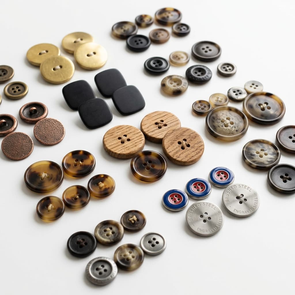 Wholesale garment buttons in various industrial finishes.