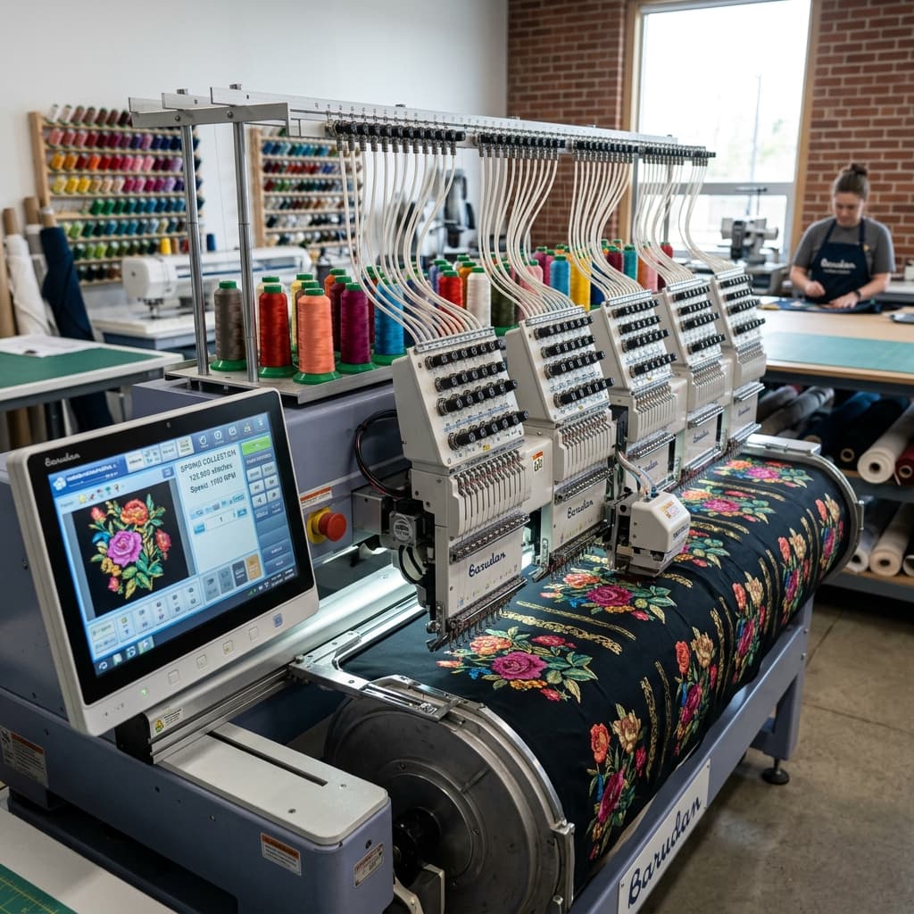 Automatic embroidery machinery for garment finishing.