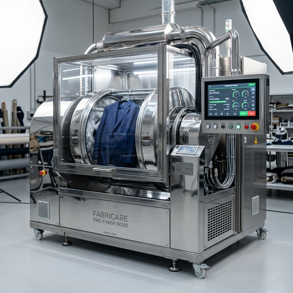 Industrial polishing machinery for textile accessories.
