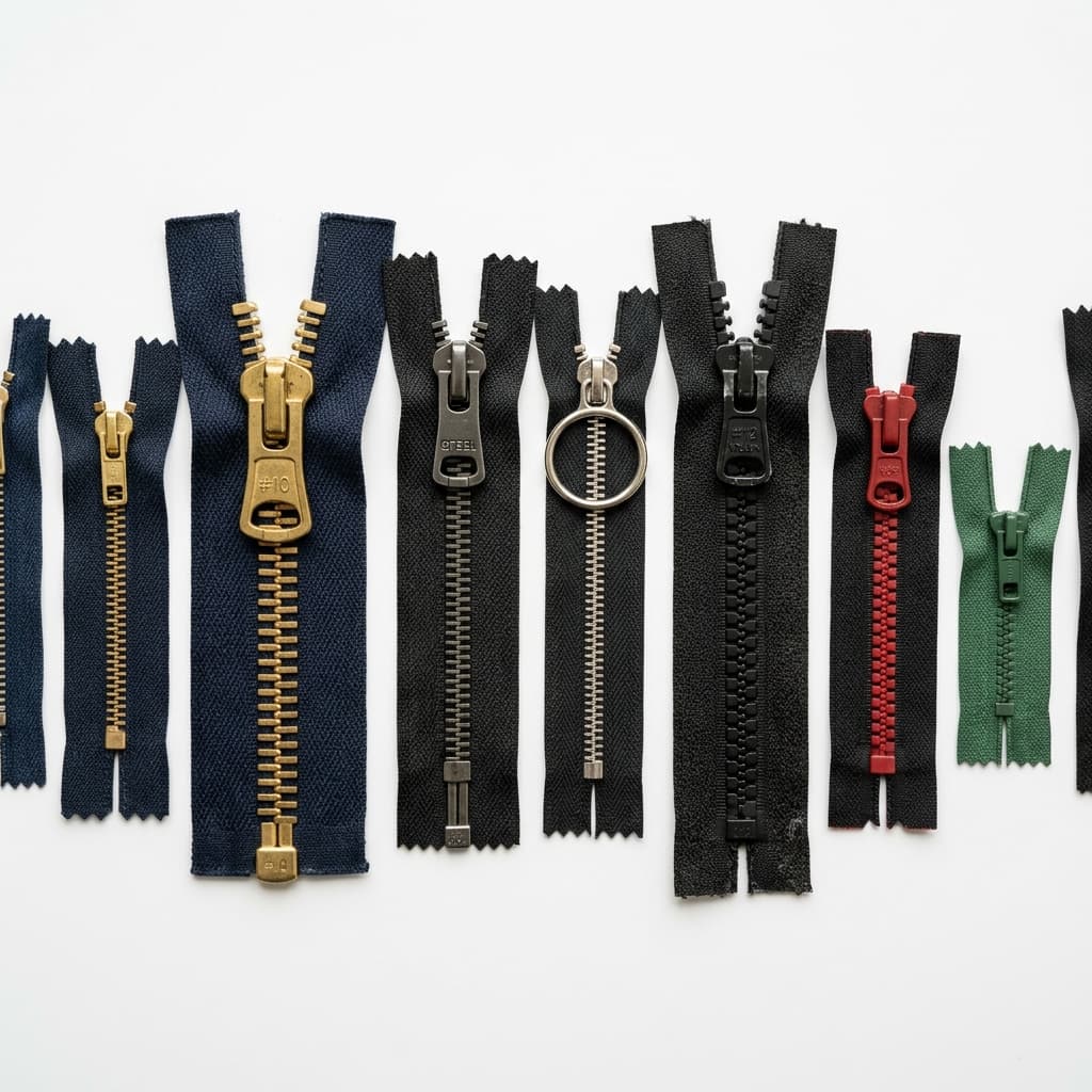 Heavy-duty industrial zippers for garment manufacturing.