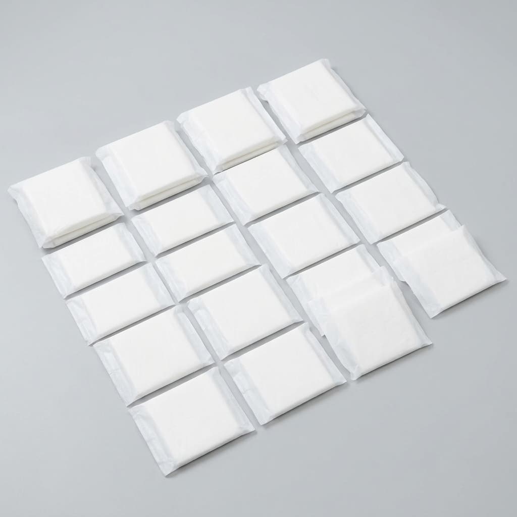 Individually wrapped sanitary pads for clean hygiene dispensers.