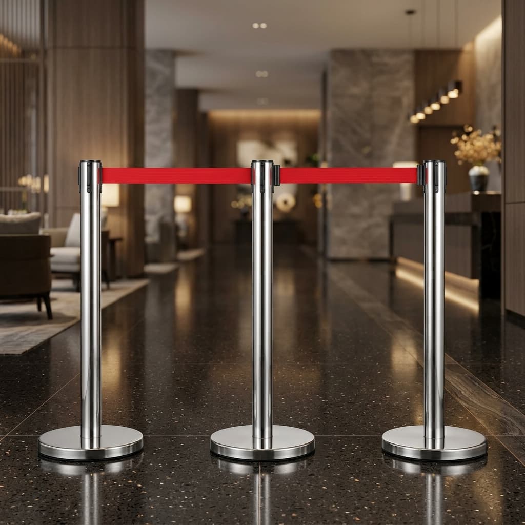 Stainless steel retractable belt queue managers for lobby control.