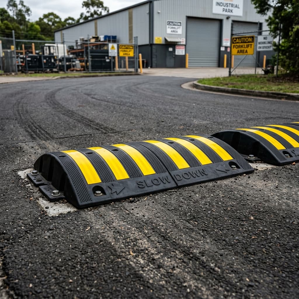 Heavy-duty rubber speed breakers for corporate parking lots.