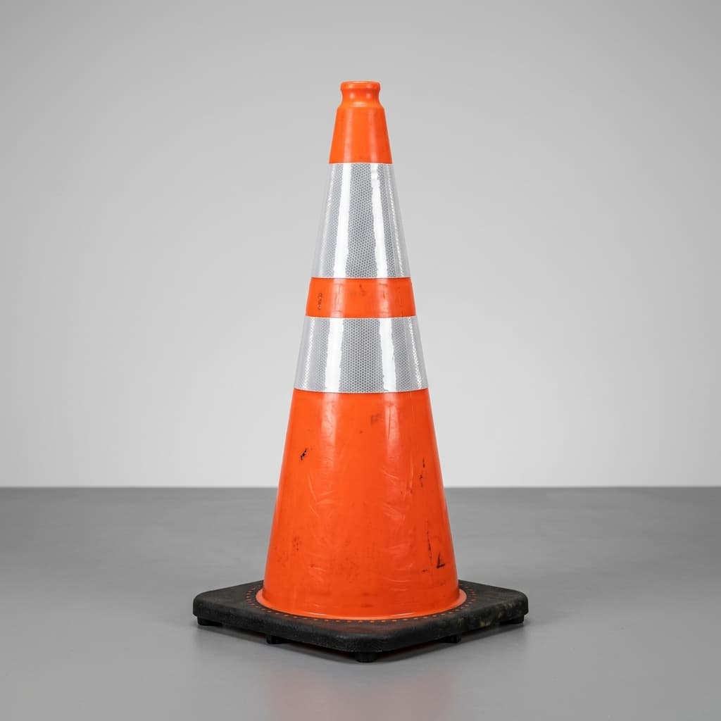 Bright orange traffic cones for site boundary management.